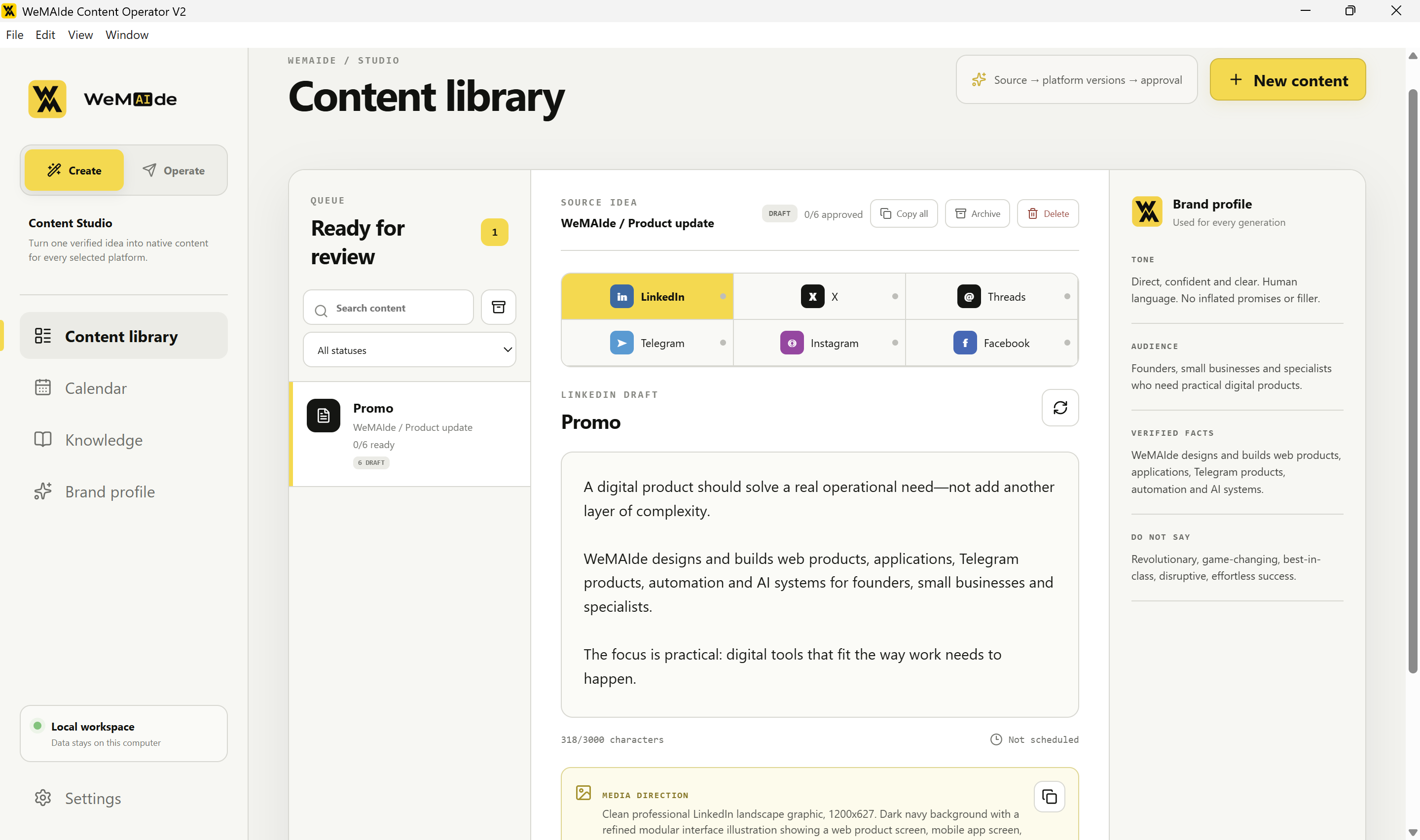 Content Operator content library showing platform-specific drafts