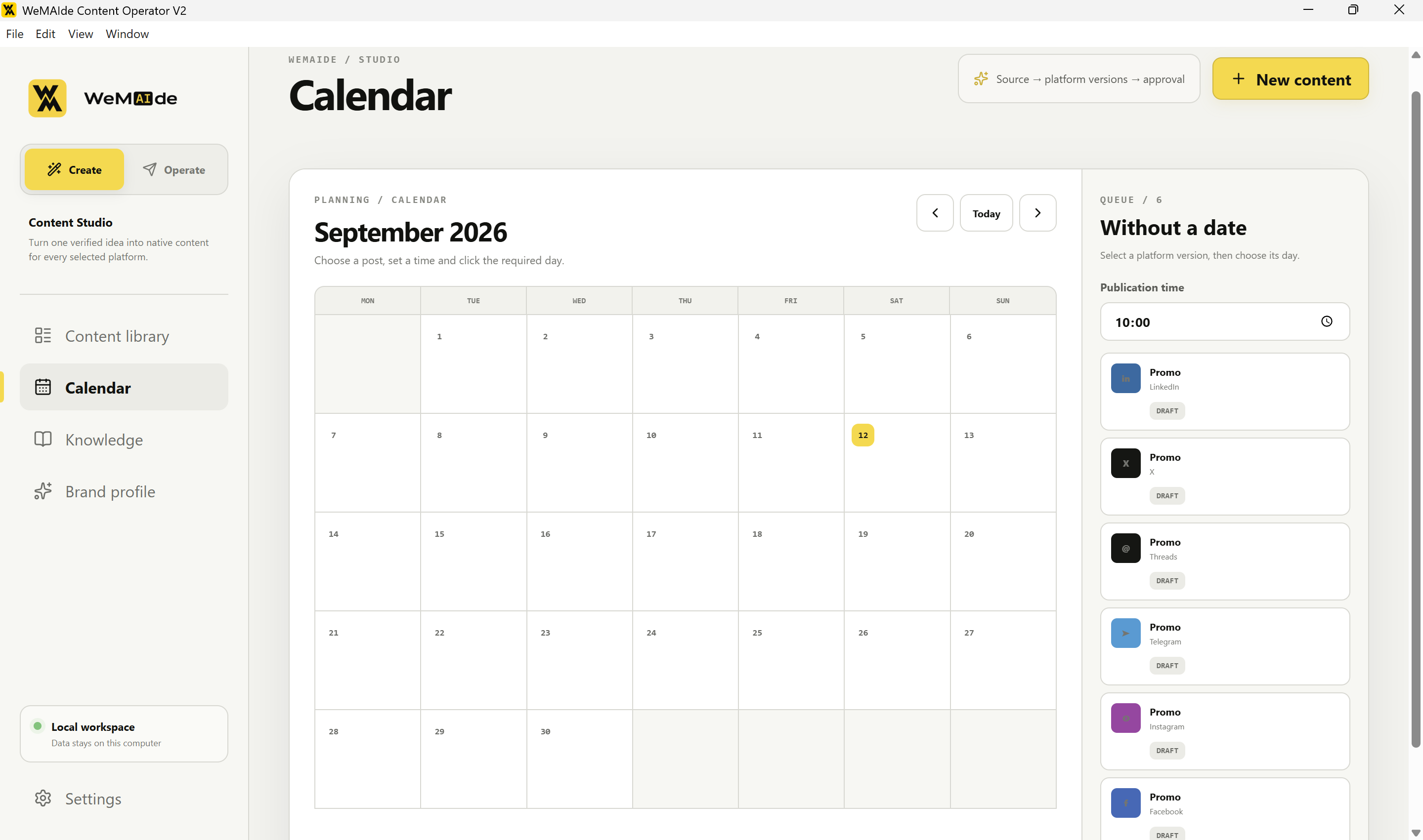 Editorial calendar in WeMAIde Content Operator