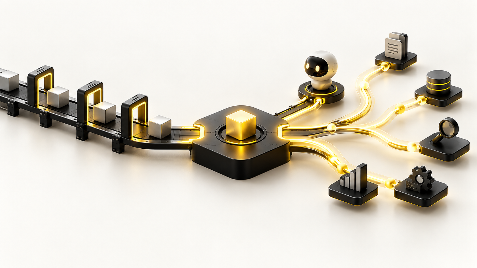 A fixed automation line joining an adaptive network of AI tools