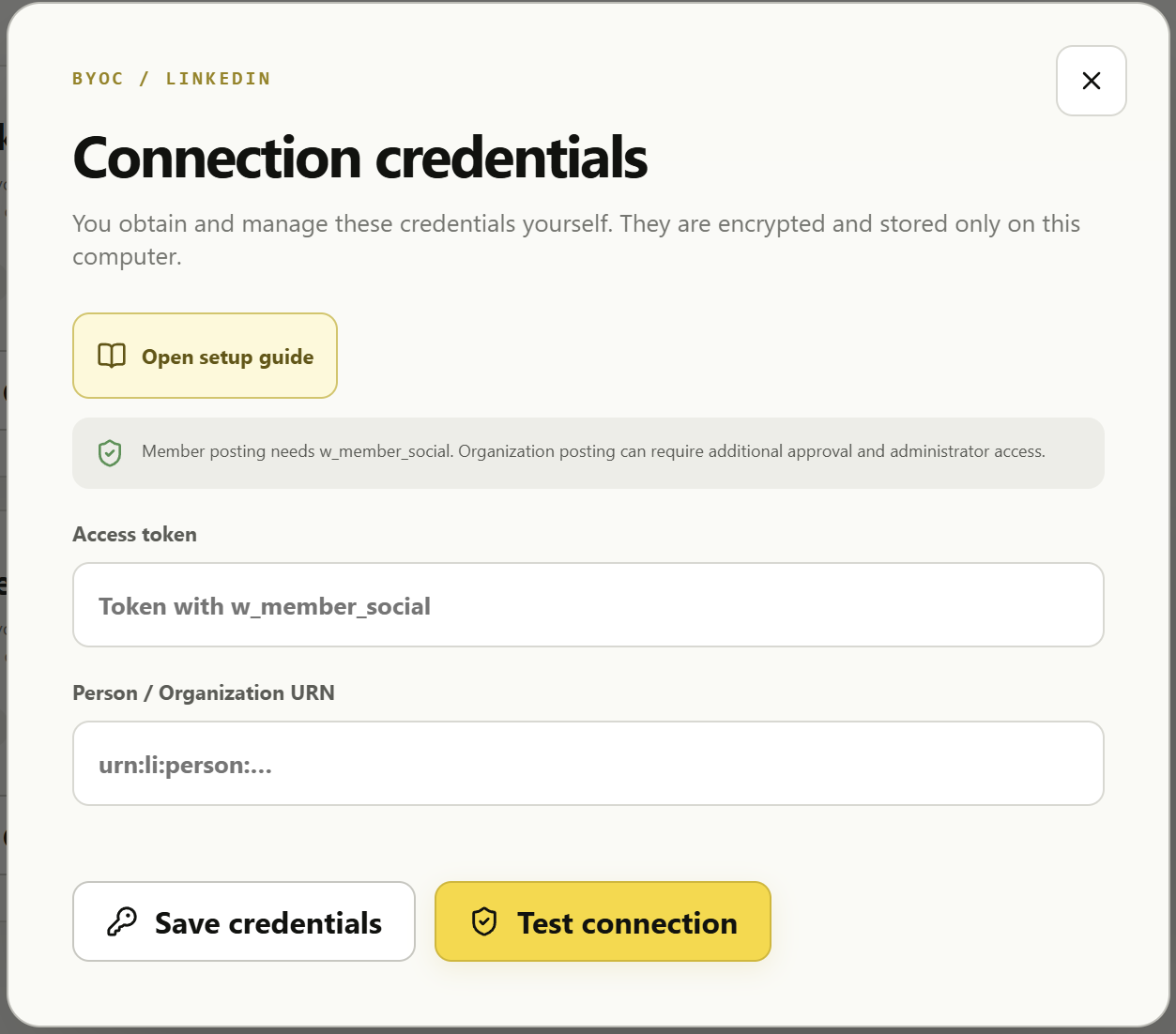 LinkedIn credential configuration stored locally in Content Operator